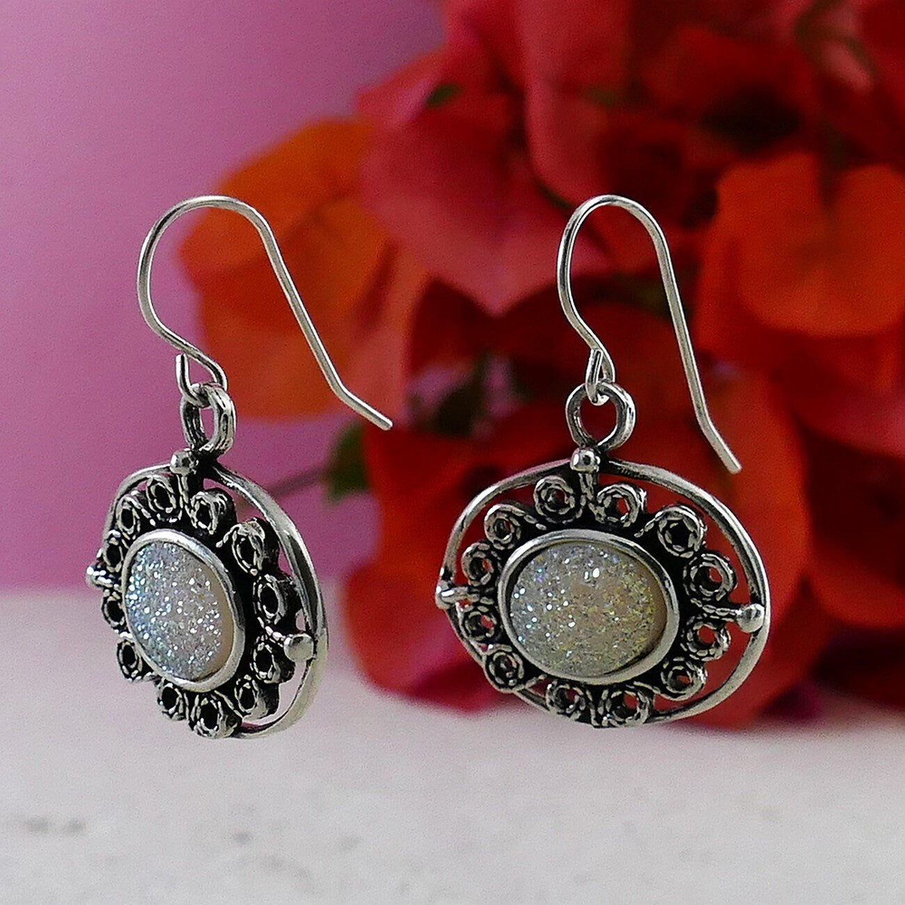 White Agate Druzy Stone 925 Sterling Silver Dangle Earrings Fast and Free Shipping! Gemstone earring Simple drop earrings