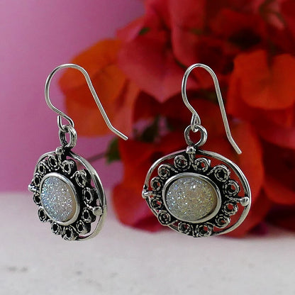 White Agate Druzy Stone 925 Sterling Silver Dangle Earrings Fast and Free Shipping! Gemstone earring Simple drop earrings