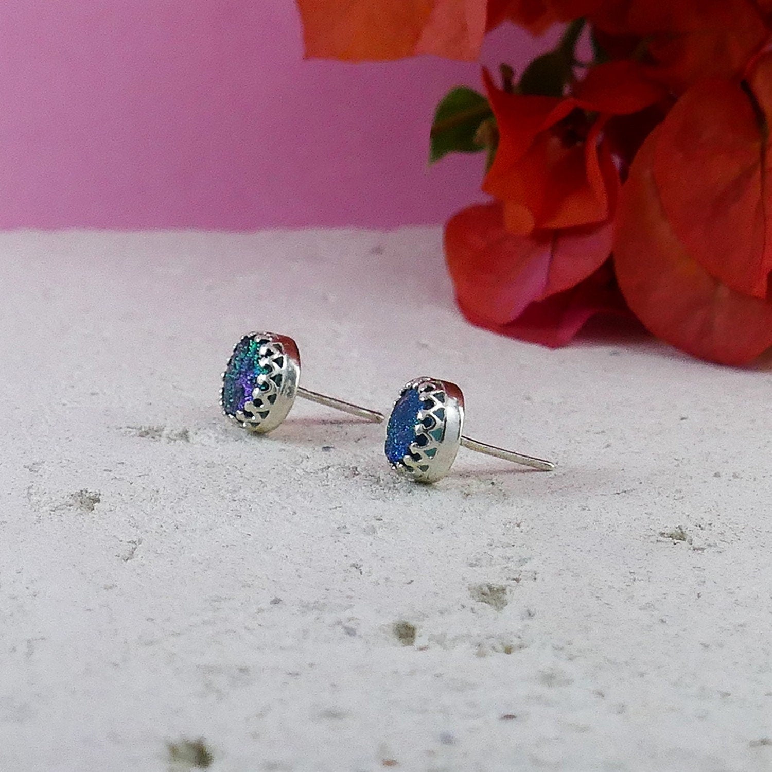 Stud Earrings 925 Handcrafted beutiful Blue Roman Glass 925 Sterling Silveר Everyday earrings Crown Bezel Set Free Shipping!