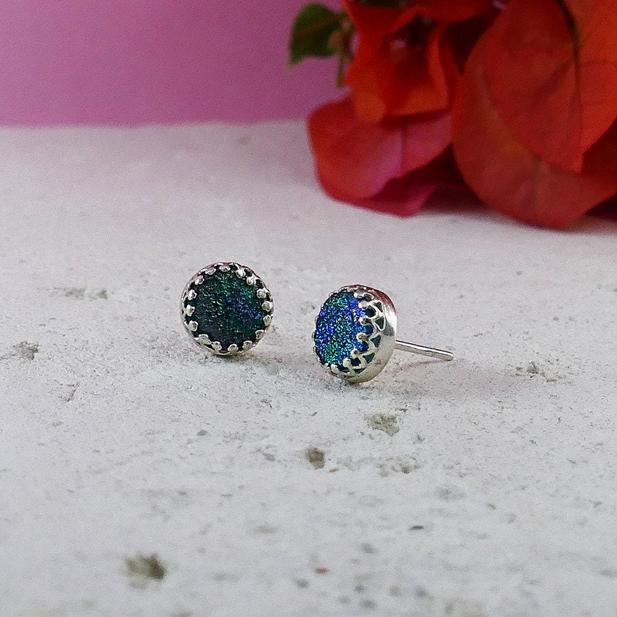 Stud Earrings 925 Handcrafted beutiful Blue Roman Glass 925 Sterling Silveר Everyday earrings Crown Bezel Set Free Shipping!