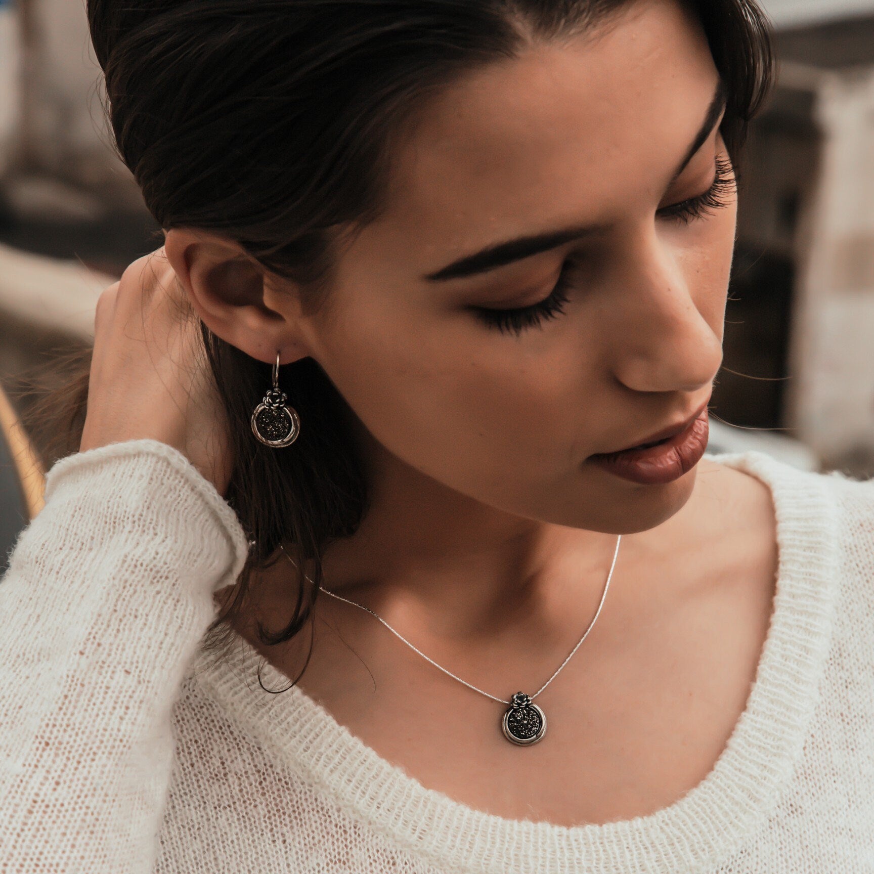 Ethereal Radiance: Handcrafted Silver Grey Druzy Quartz Earrings