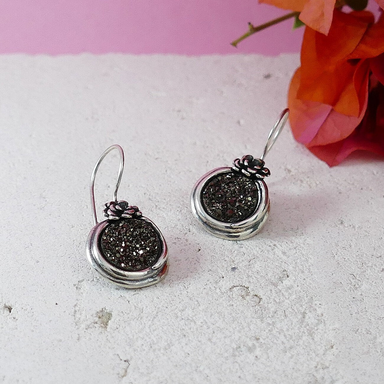 Ethereal Radiance: Handcrafted Silver Grey Druzy Quartz Earrings