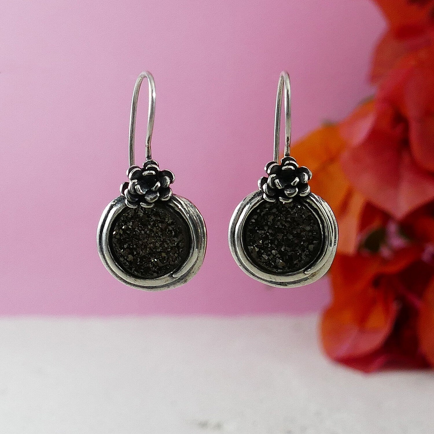 Ethereal Radiance: Handcrafted Silver Grey Druzy Quartz Earrings