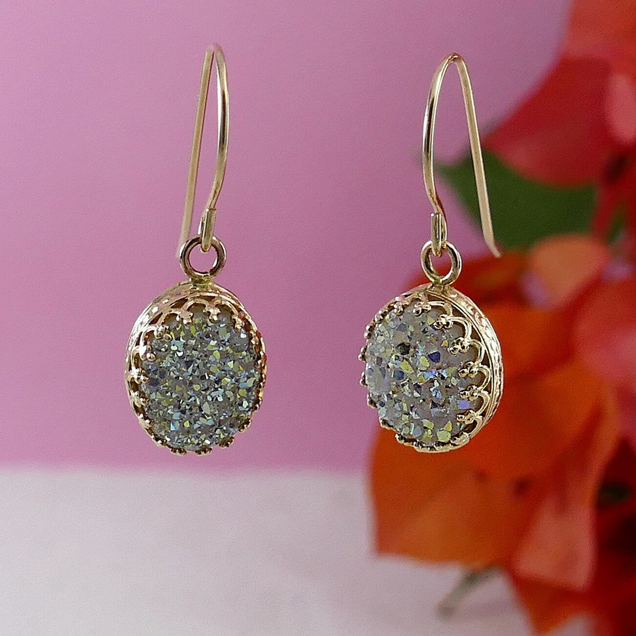 2.3 Carat White Agate Druzy Stone Natural crystal quartz 14k Yellow Gold Filled Fast&amp;Free Shipping! Everyday earrings,Simple dangle earrings