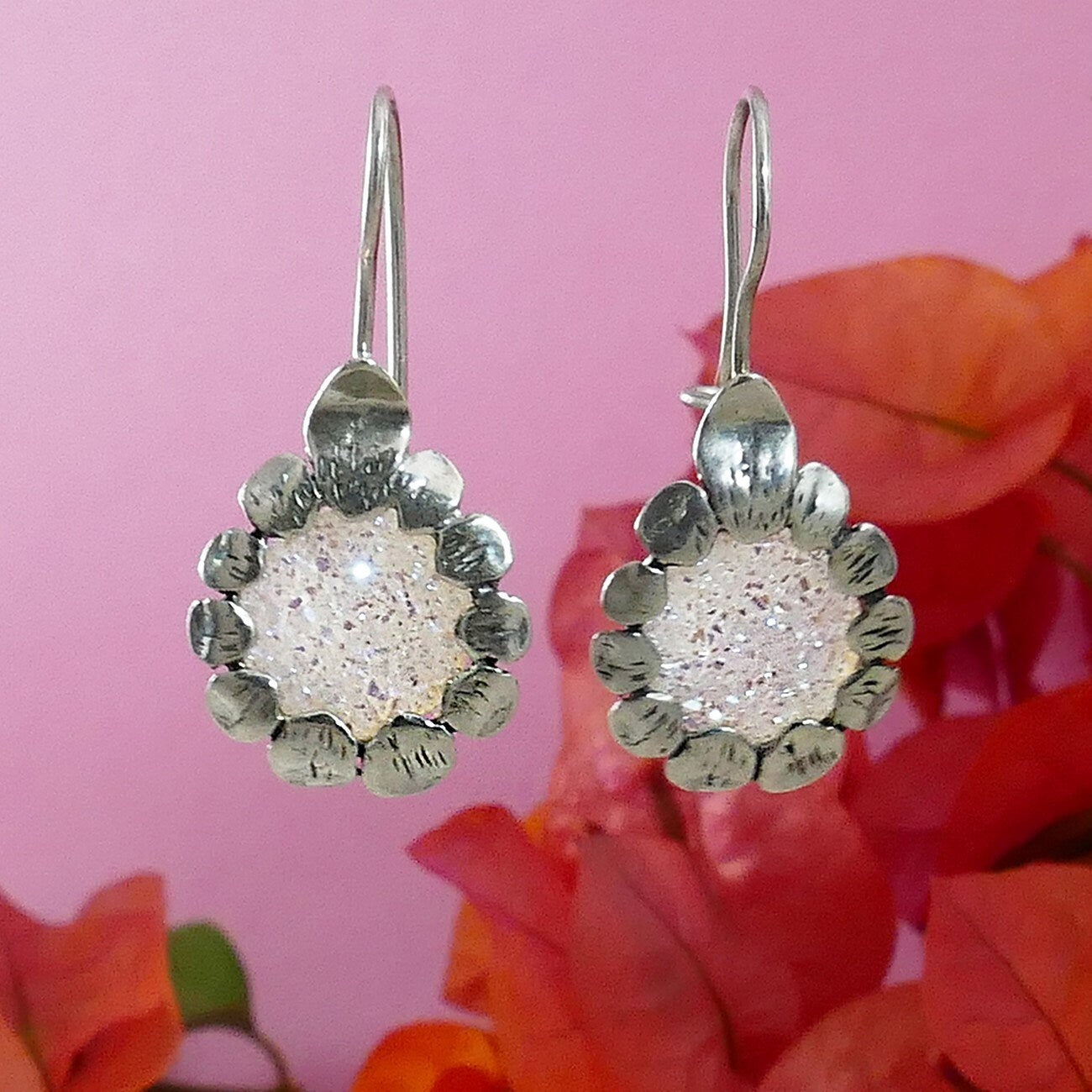 Israel earring 1.5 Carat White Agate Druzy Stone Natural crystal quartz solid 925 Sterling Silver Handmade Drop/Dangle Earring Fast Shipping