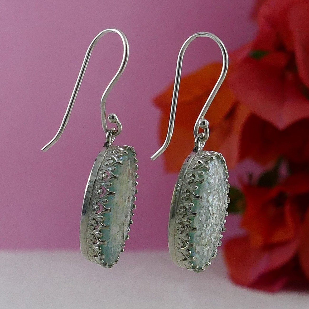 SPIRA Handcrafted Green Roman Glass Stone 925 Sterling Silver Drop/Dangle Earrings Fast and Free Shipping! Dangle earrings Everyday earrings