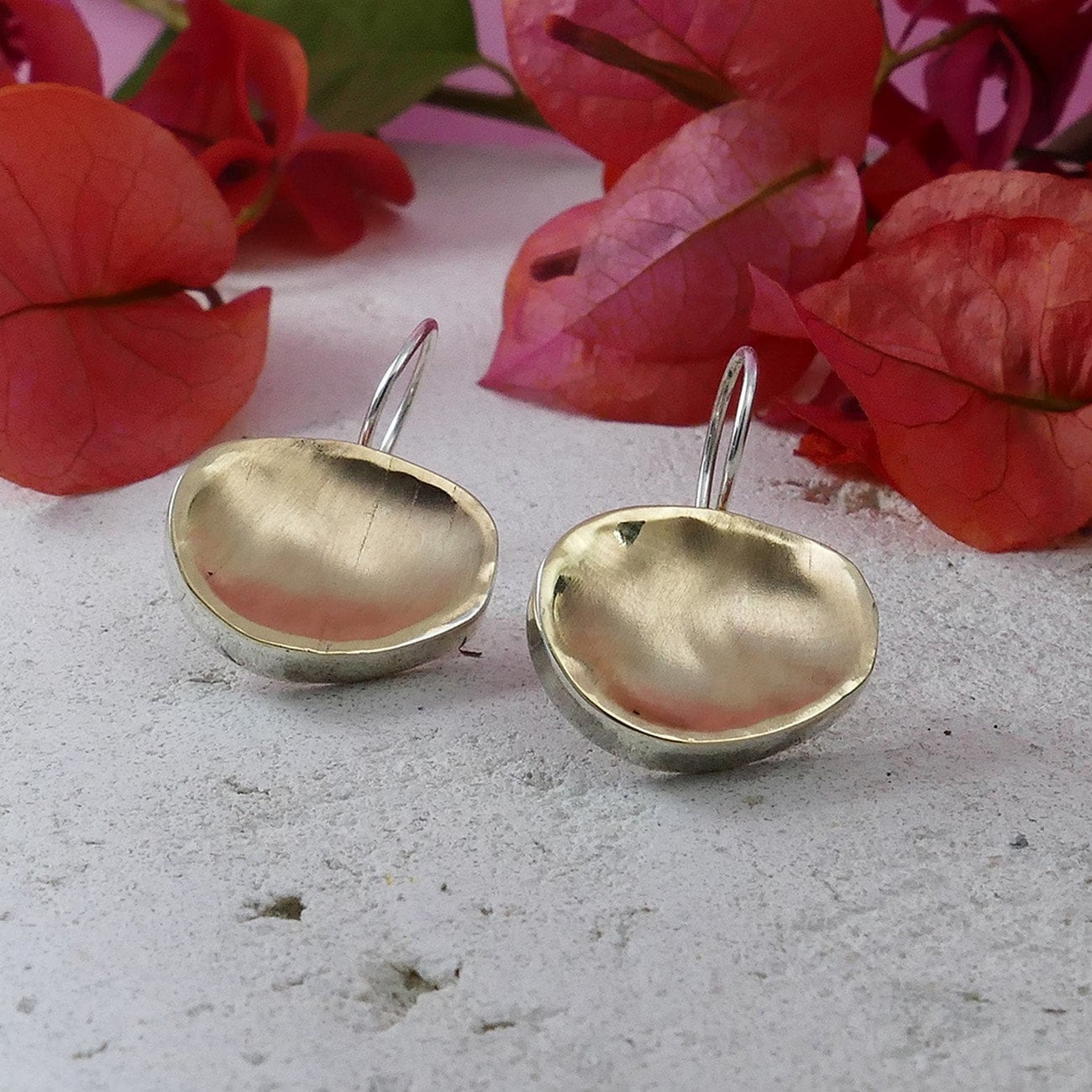 Two Tone Solid 9k Yellow Gold And 925 Sterling Silver Dangle Earrings