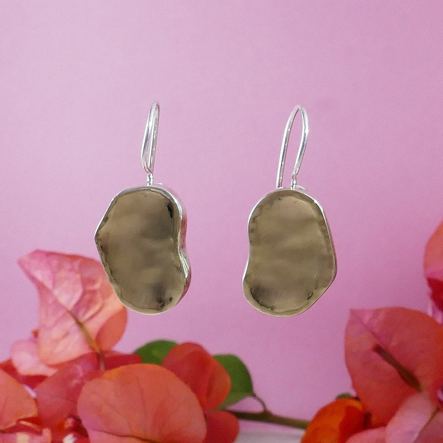 Unique Handcrafted Contemporary Design Two Tone Solid 9k Yellow Gold And 925 Sterling Silver Dangle Earrings Fast&amp;Free Shipping!