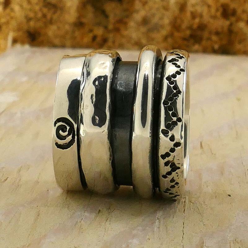 SPIRA Handcrafted Contemporary Design Two Tone Solid 9k Yellow Gold &amp; 925 Sterling Silver Spinner Ring,Gypsy ring,Bohemian ring, Hippie ring