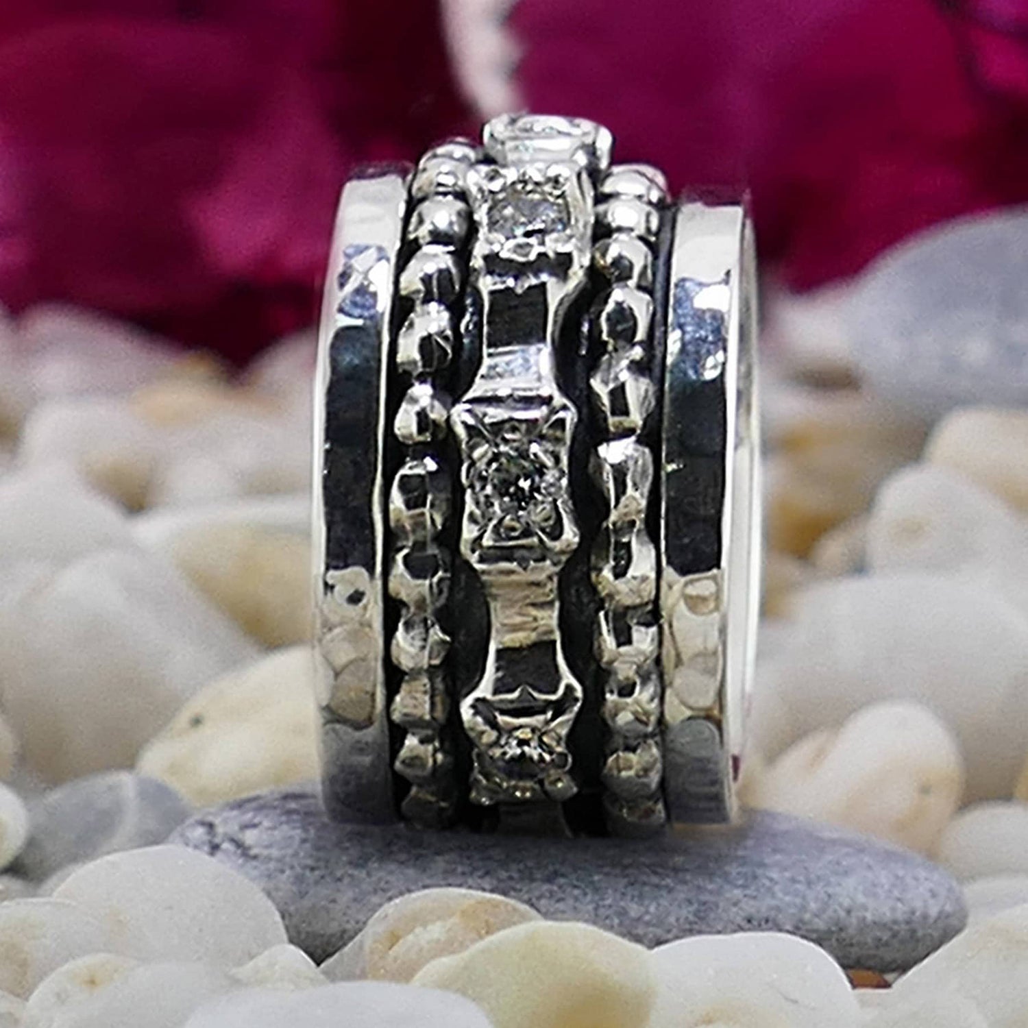 Mixed Metal Spinner Ring Cubic Zirconia Stone 925 Sterling Silver handmade Ring Setting,Large ring,Oxidized Silver Fidget ring,worry ring