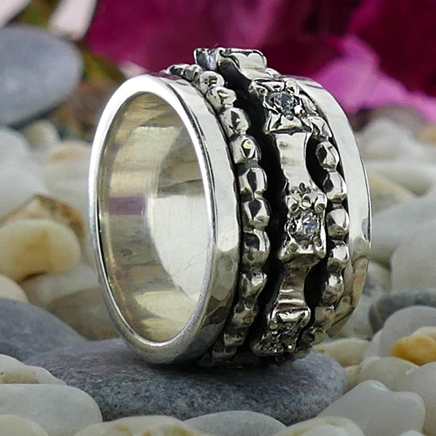 Mixed Metal Spinner Ring Cubic Zirconia Stone 925 Sterling Silver handmade Ring Setting,Large ring,Oxidized Silver Fidget ring,worry ring