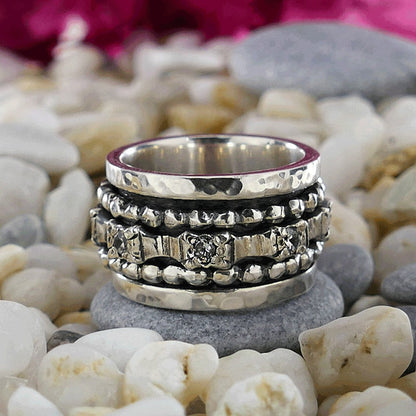 Mixed Metal Spinner Ring Cubic Zirconia Stone 925 Sterling Silver handmade Ring Setting,Large ring,Oxidized Silver Fidget ring,worry ring