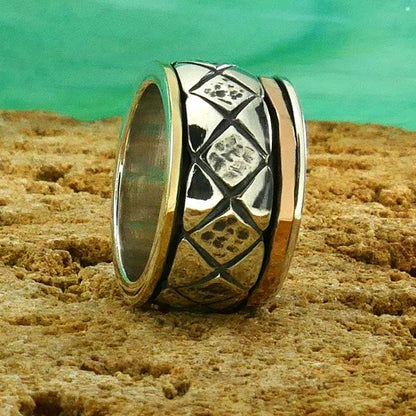 SPIRA Handcrafted Contemporary Design Two Tone Solid 9k Yellow/Rose Gold &amp; 925 Sterling Silver Spinner Ring, Unique Gypsy ring,Bohemian ring