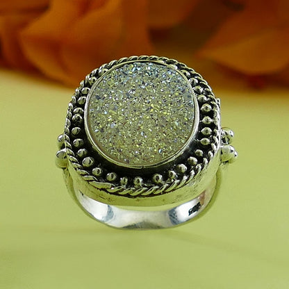 White Agate Druzy 925 Sterling Silver Statement Ring, Bohemian ring