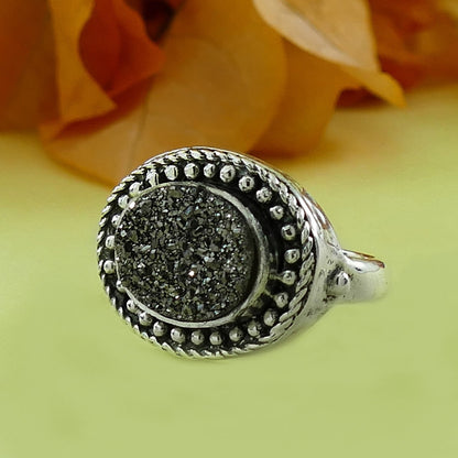 Gray Agate Druzy Stone 925 Sterling Silver unique Statement Ring