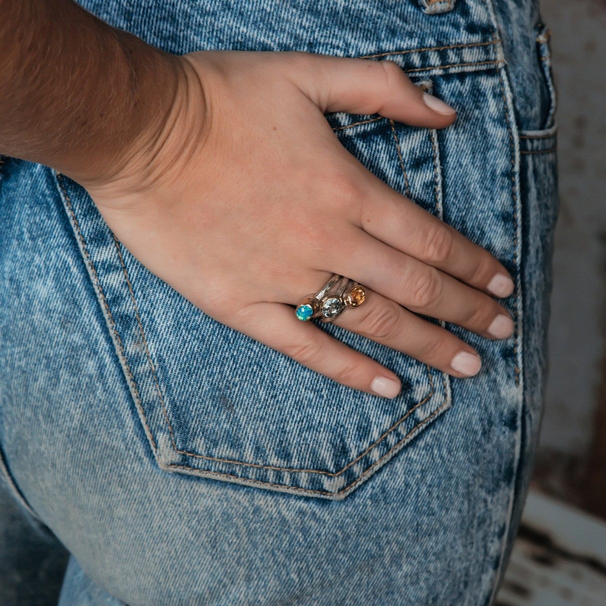 Blue Opal Mixed Metal Ring Two Tone Solid 9 karat Yellow Gold and 925 Sterling Silver