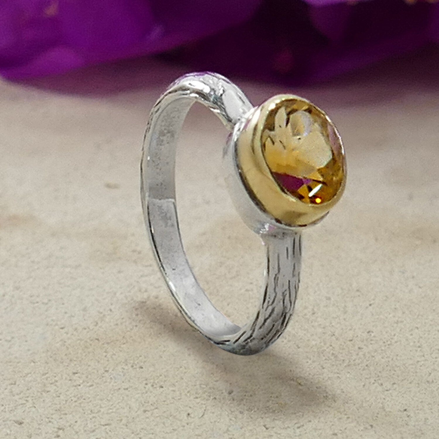 Citrine Mixed Metal Ring 1.7 Carat Natural Yellow Citrine Gemstone Two Tone Solid 9k Yellow Gold and 925 Sterling Silver Solitaire Ring Set