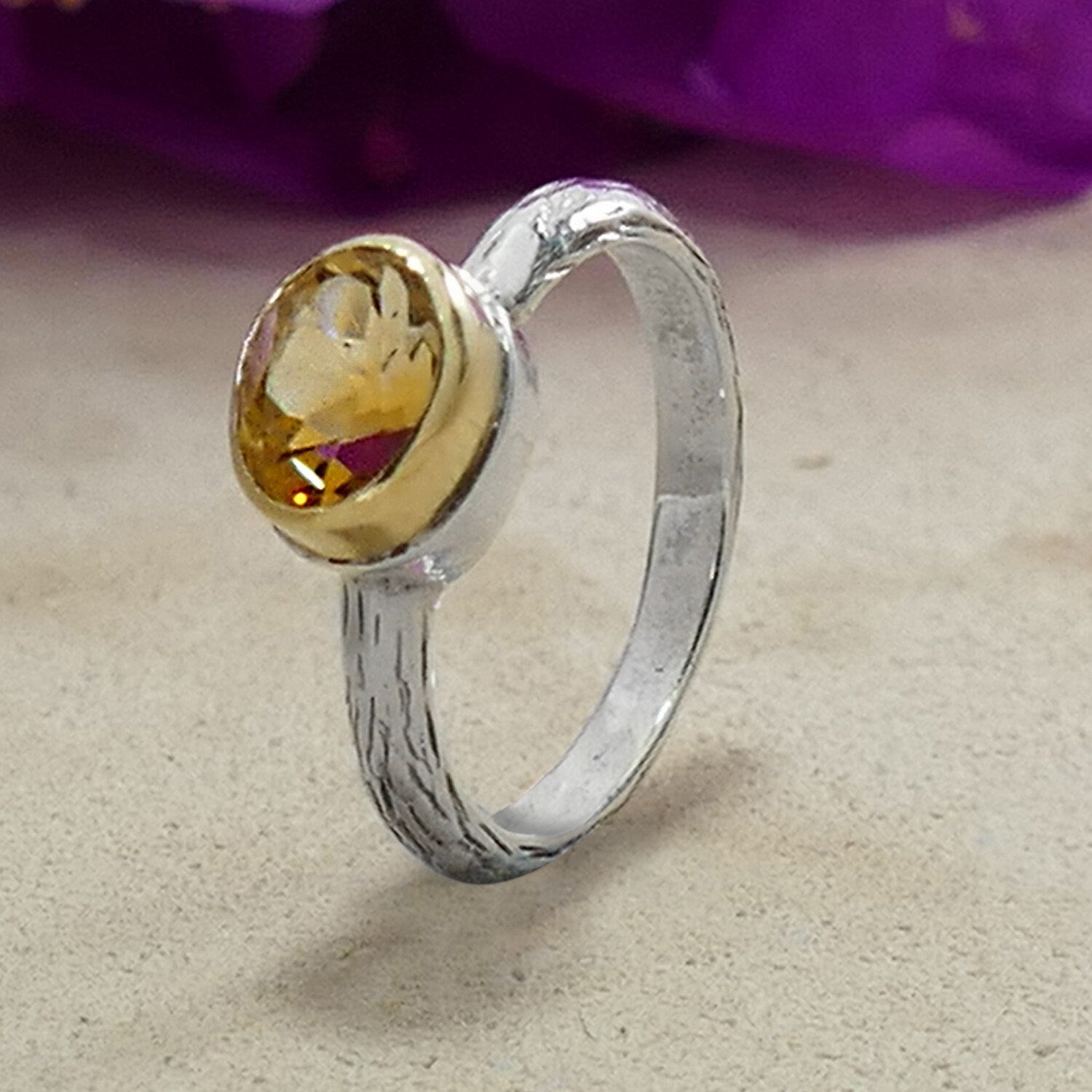 Citrine Mixed Metal Ring 1.7 Carat Natural Yellow Citrine Gemstone Two Tone Solid 9k Yellow Gold and 925 Sterling Silver Solitaire Ring Set