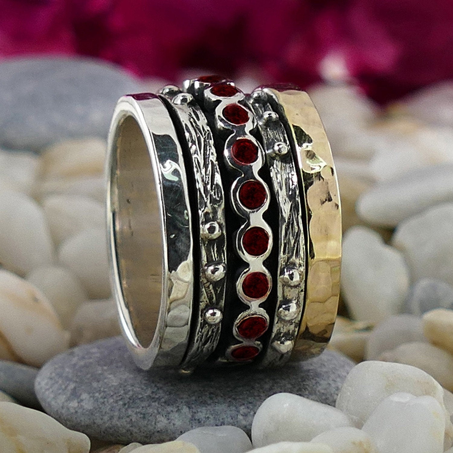 Natural Red Garnet Gemstone Ring, 1.6 Carat Mixed Metal Two Tone Ring, Spinner Ring in 9k Gold and Sterling Silver