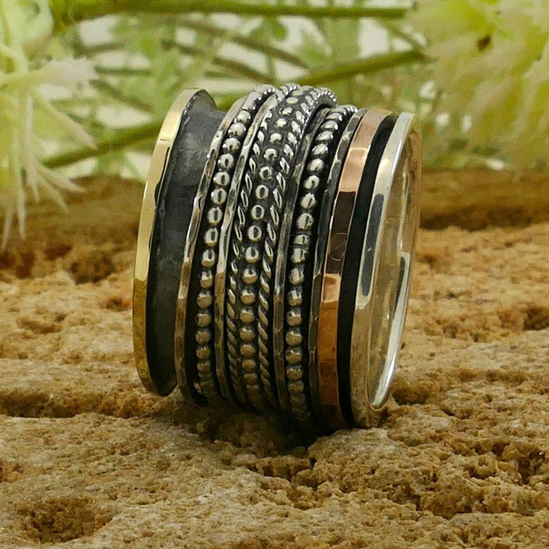 SPIRA Handcrafted Vintage Design Two Tone Solid 9k Yellow &amp; Rose Gold And 925 Sterling Silver Spinner Ring Weight gr.: 13.3 Width mm: 16.5 Metal Purity: 9k Thickness mm: 2