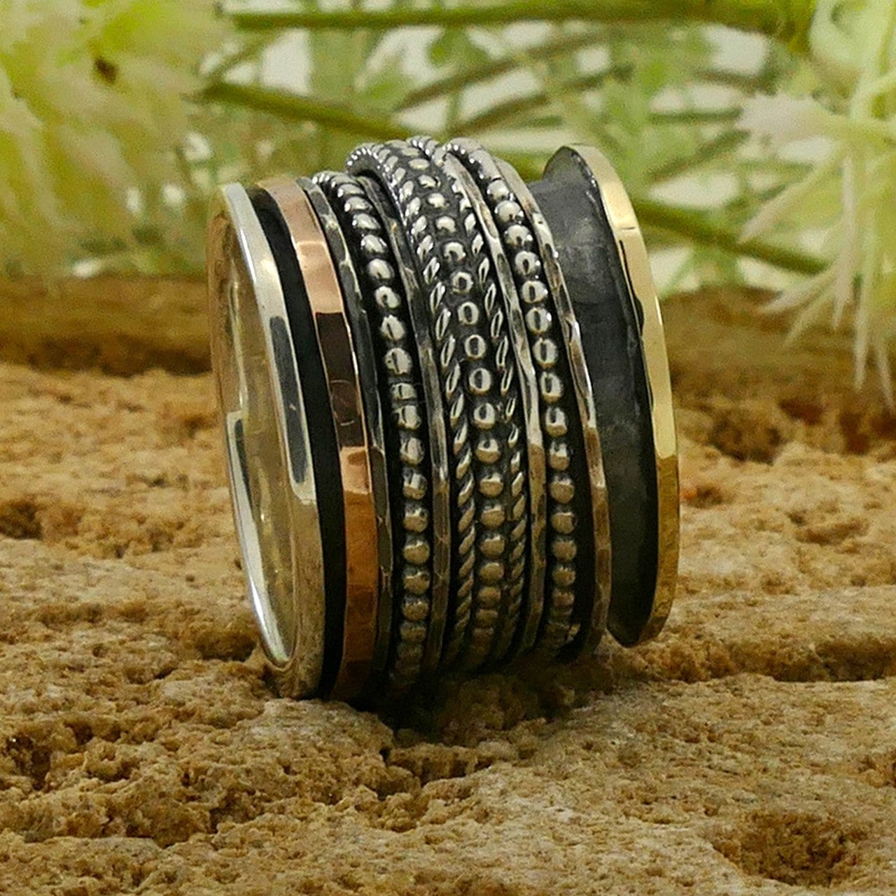 SPIRA Handcrafted Vintage Design Two Tone Solid 9k Yellow &amp; Rose Gold and 925 Sterling Silver Spinner Ring, Gypsy ring, Oxidized Fidget ring