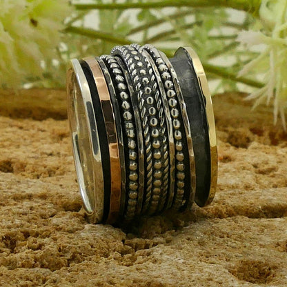 SPIRA Handcrafted Vintage Design Two Tone Solid 9k Yellow &amp; Rose Gold and 925 Sterling Silver Spinner Ring, Gypsy ring, Oxidized Fidget ring