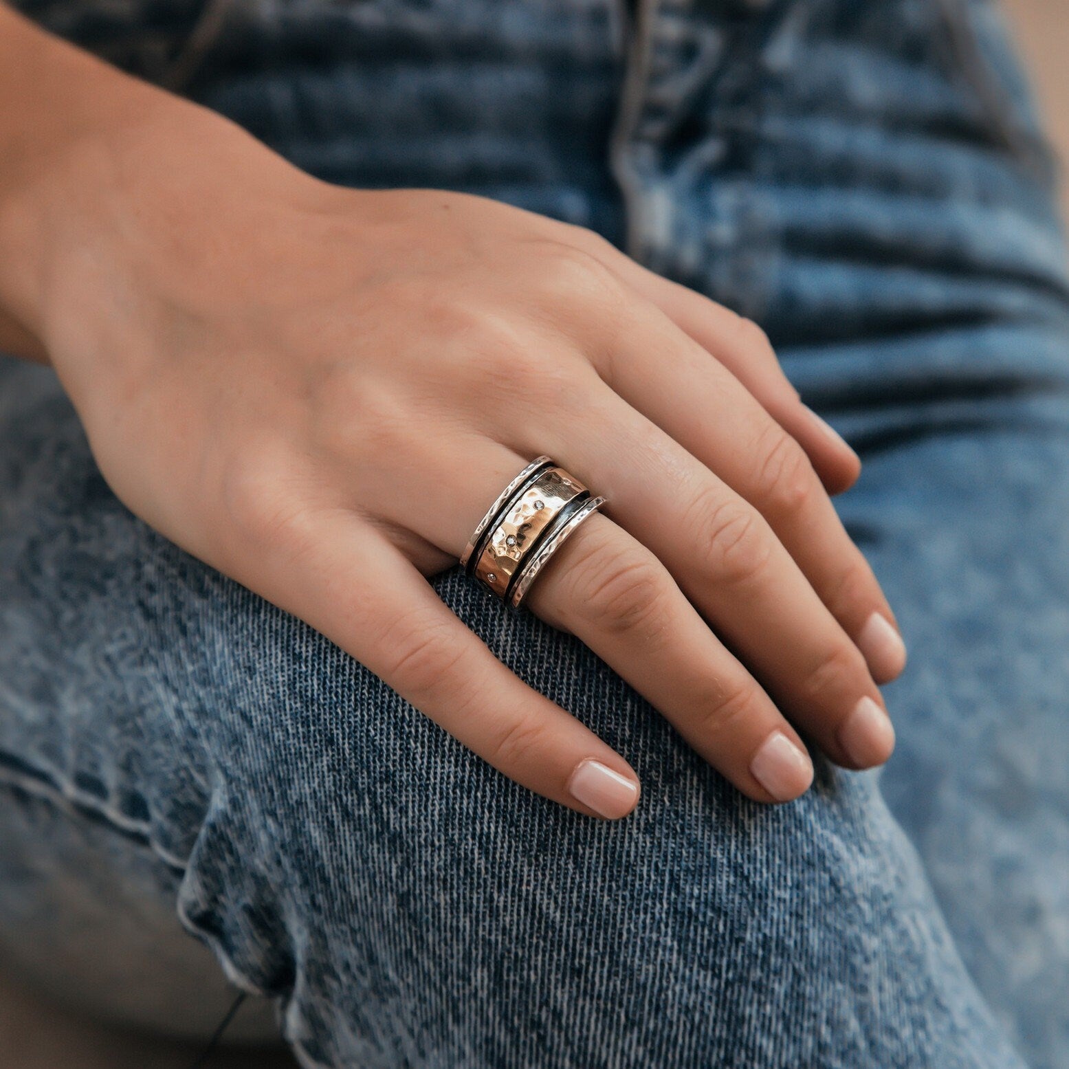 Mixed Metal Ring Cubic Zirconia Stone Two Tone Solid 9k Yellow Gold &amp; 925 Sterling Silver Spinner Ring Set Setting, Gypsy ring,Bohemian ring