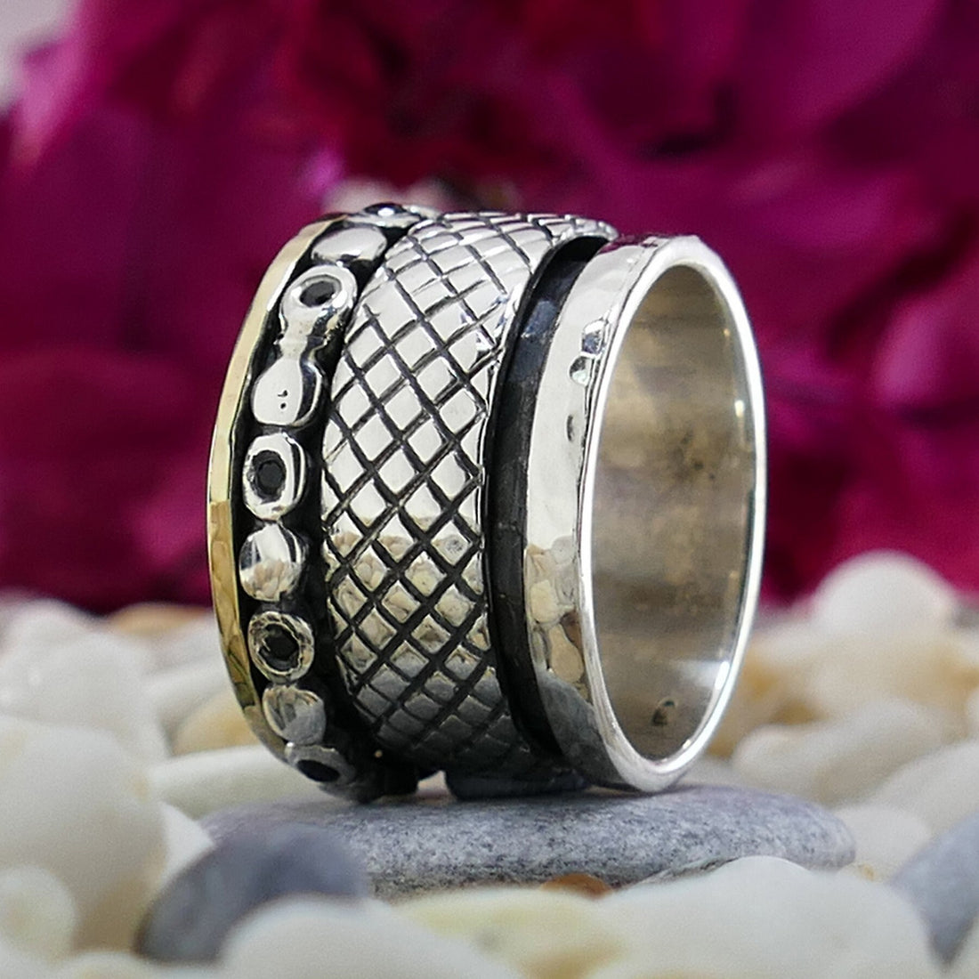 Two Tone Spinner Ring Black Spinel Gemstone 925 Sterling Silver Solid 9 karat Yellow Gold Bohemian ring