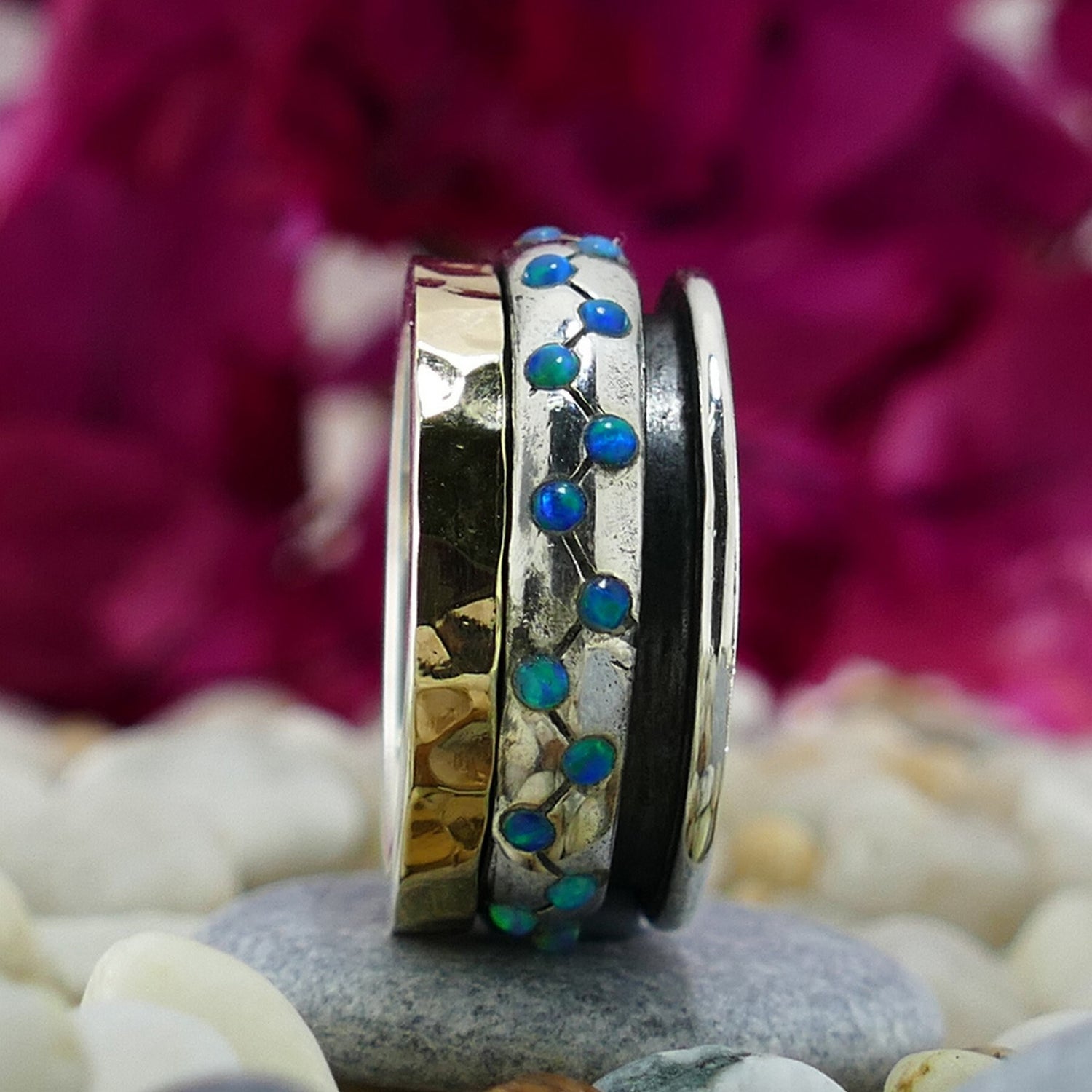 Where Style and Meaning Intertwine: Unique Blue Opal Silver and Gold Spinner Ring that Speak Volumes