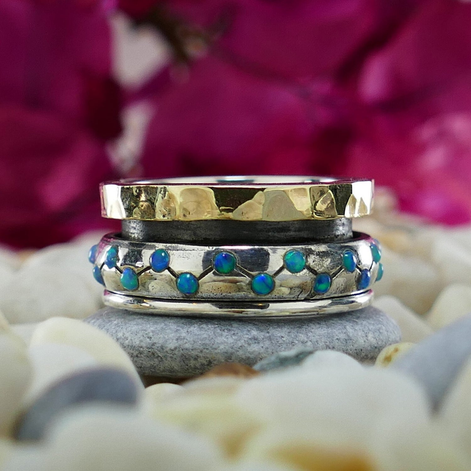 Where Style and Meaning Intertwine: Unique Blue Opal Silver and Gold Spinner Ring that Speak Volumes