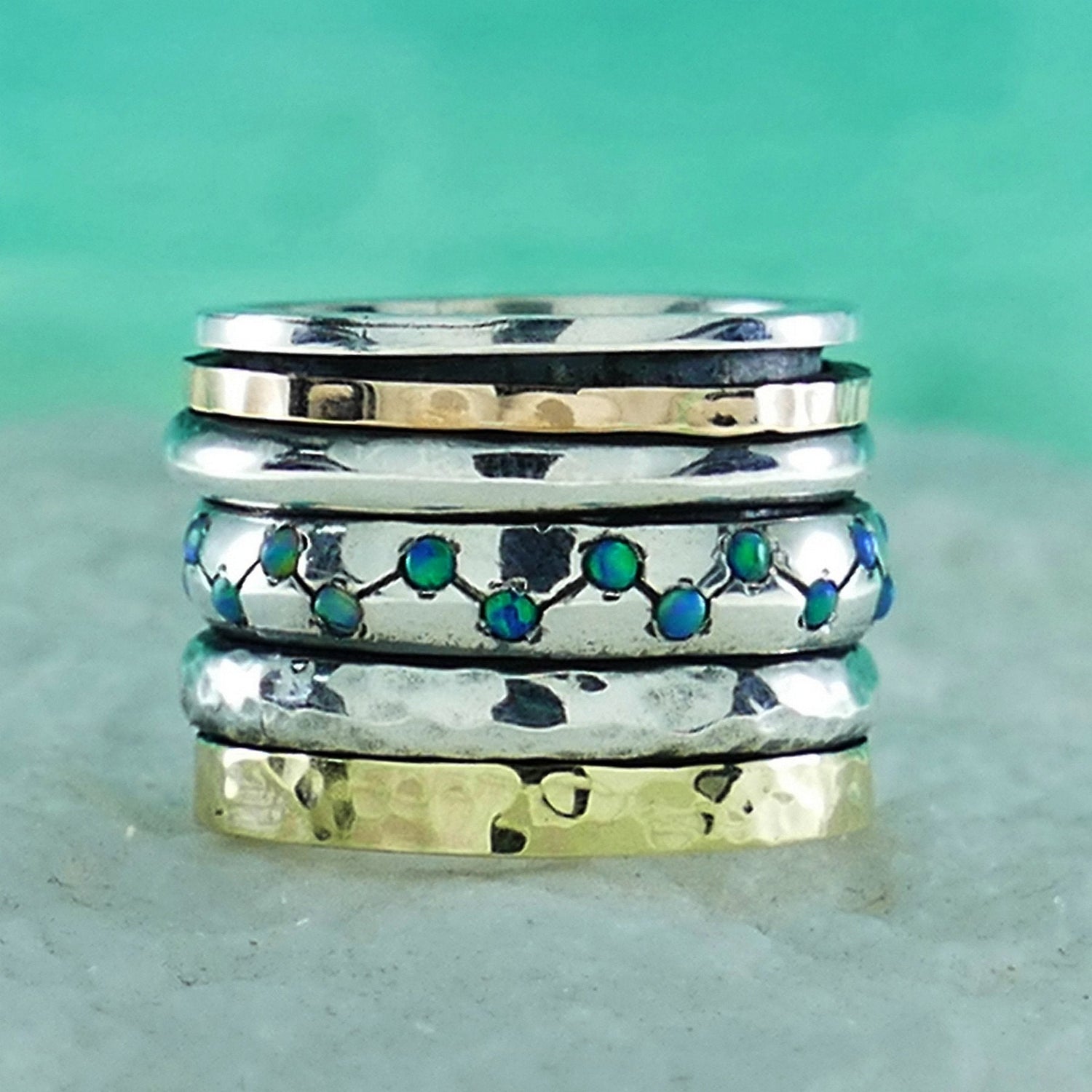 0.6 Carat Blue Opal Stone Two Tone Solid 9k Yellow&amp;Rose Gold 925 Sterling Silver Spinner Ring Setting,Gypsy ring, Bohemian ring, Hippie ring