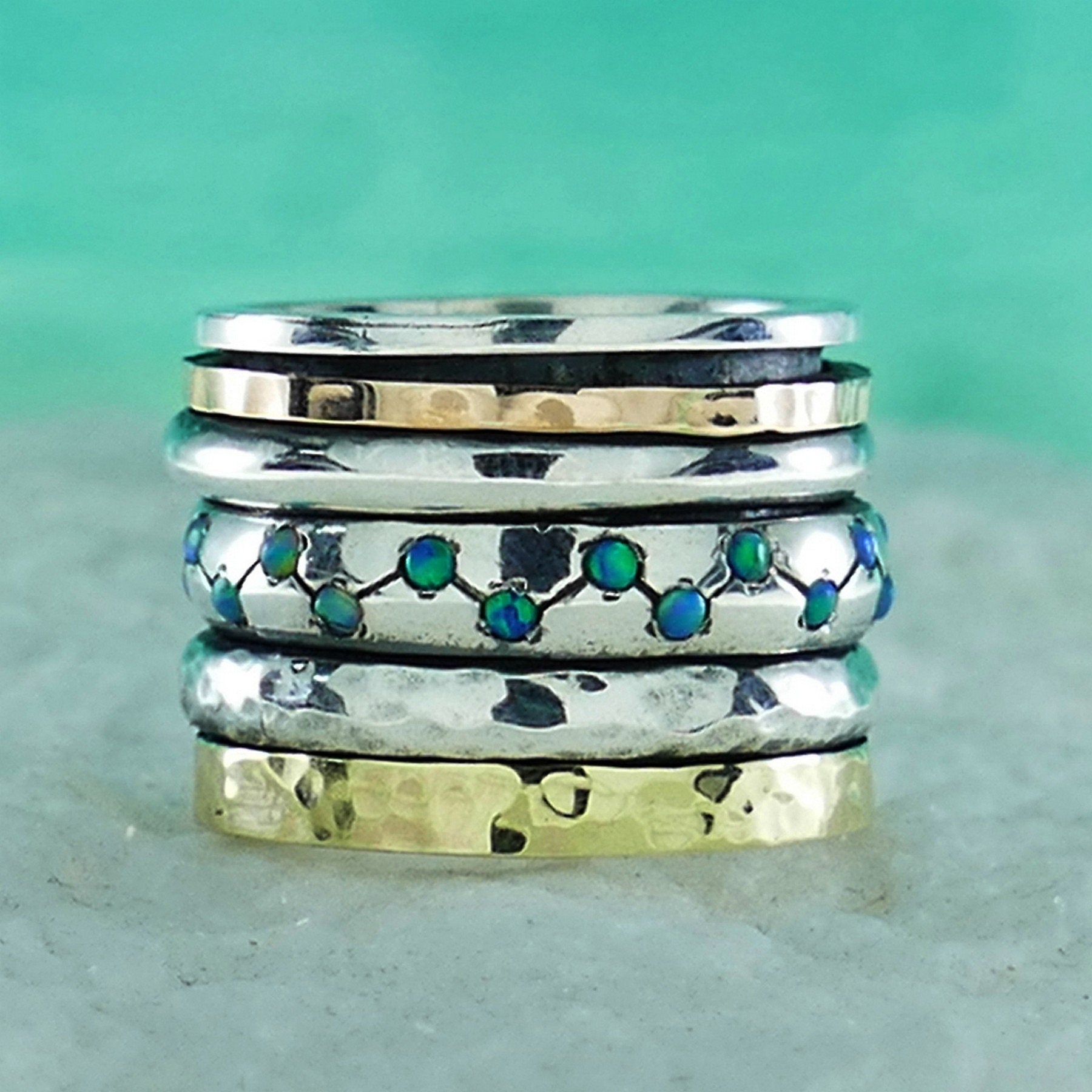 0.6 Carat Blue Opal Stone Two Tone Solid 9k Yellow&amp;Rose Gold 925 Sterling Silver Spinner Ring Setting,Gypsy ring, Bohemian ring, Hippie ring