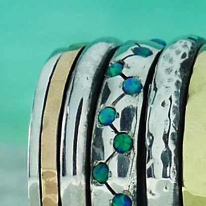0.6 Carat Blue Opal Stone Two Tone Solid 9k Yellow&amp;Rose Gold 925 Sterling Silver Spinner Ring Setting,Gypsy ring, Bohemian ring, Hippie ring