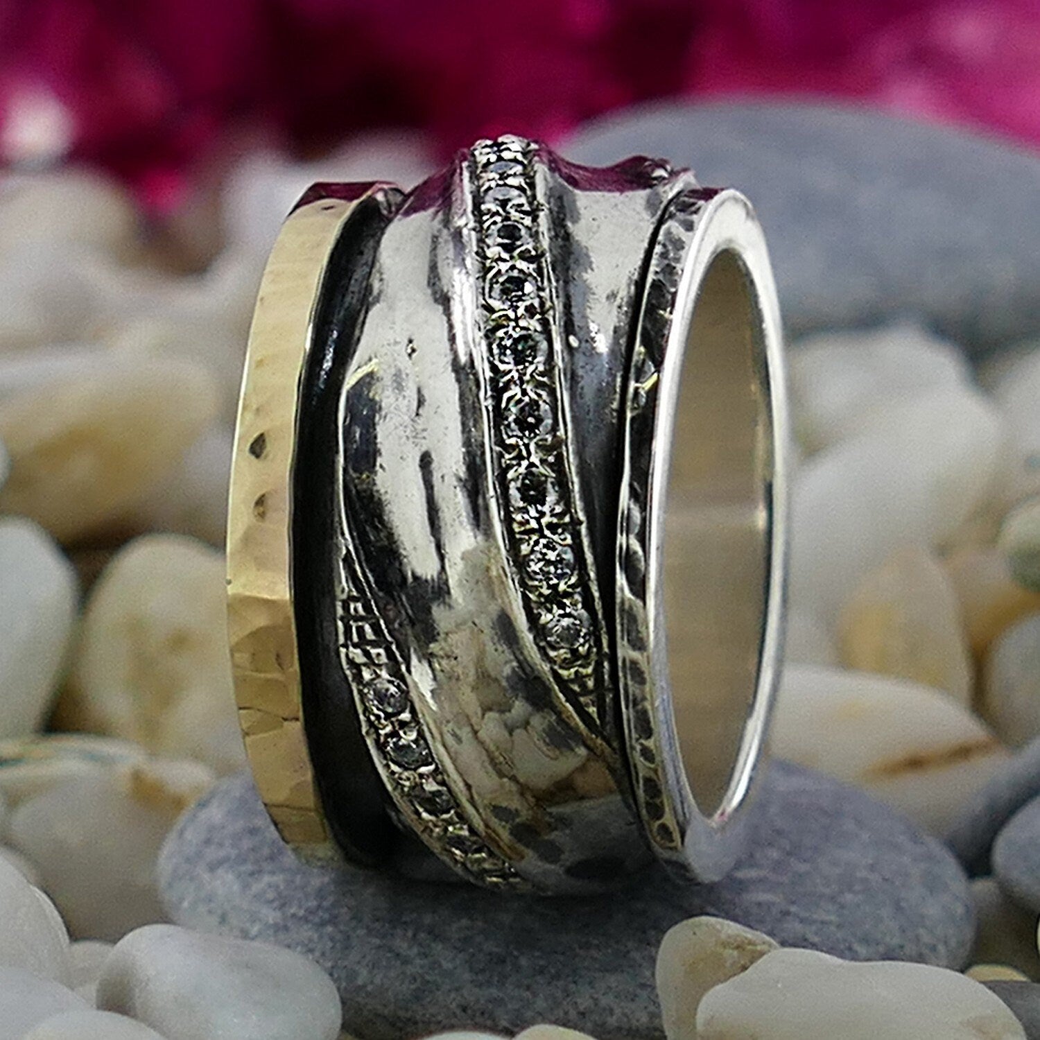 Mixed Metal Ring Unique Two Tone Spinner Ring Solid 9k Yellow Gold and 925 Sterling Silver 2.16ct Cubic set with Zirconia,Wide two tone ring