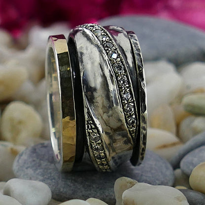 Mixed Metal Ring Unique Two Tone Spinner Ring Solid 9k Yellow Gold and 925 Sterling Silver 2.16ct Cubic set with Zirconia,Wide two tone ring