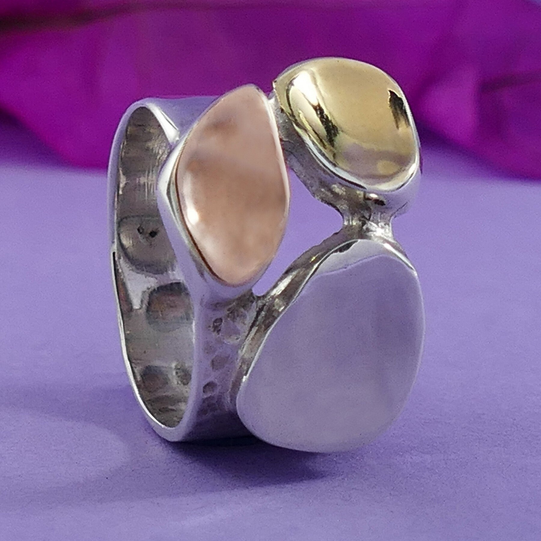 Handmade Two Tone Solid Statement Ring 9 karat Yellow &amp; Rose Gold And 925 Sterling Silver