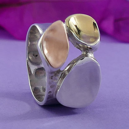 Handmade Two Tone Solid Statement Ring 9 karat Yellow &amp; Rose Gold And 925 Sterling Silver