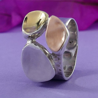 Handmade Two Tone Solid Statement Ring 9 karat Yellow &amp; Rose Gold And 925 Sterling Silver