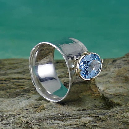 Handmade Blue Topaz Mixed metal Statment Ring 3.1 Carat Natural Blue Topaz Gemstone