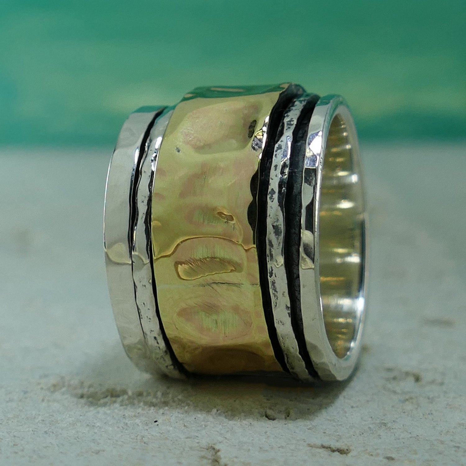 SPIRA Handcrafted Unique Design Two Tone Solid 9k Yellow Gold &amp; 925 Sterling Silver Spinner Ring, Gypsy ring, Bohemian ring, Hippie ring