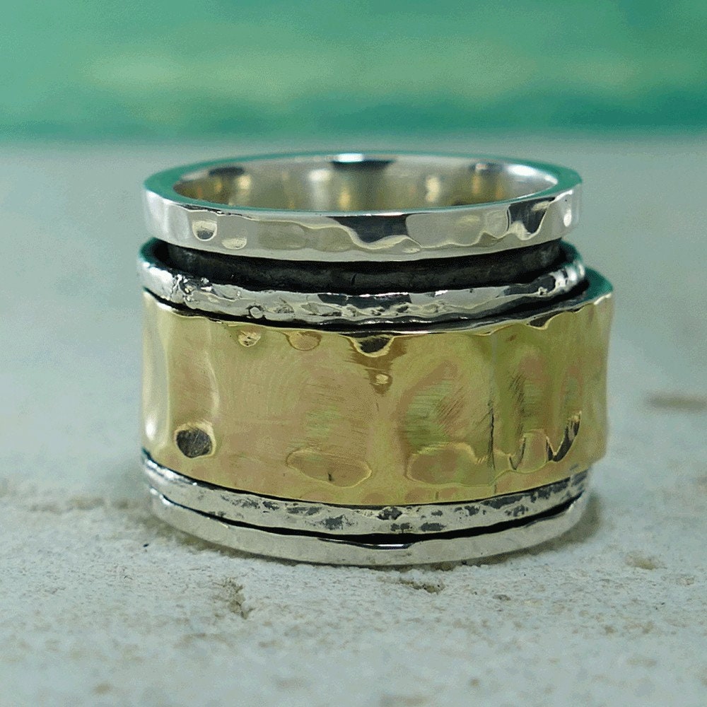 SPIRA Handcrafted Unique Design Two Tone Solid 9k Yellow Gold &amp; 925 Sterling Silver Spinner Ring, Gypsy ring, Bohemian ring, Hippie ring