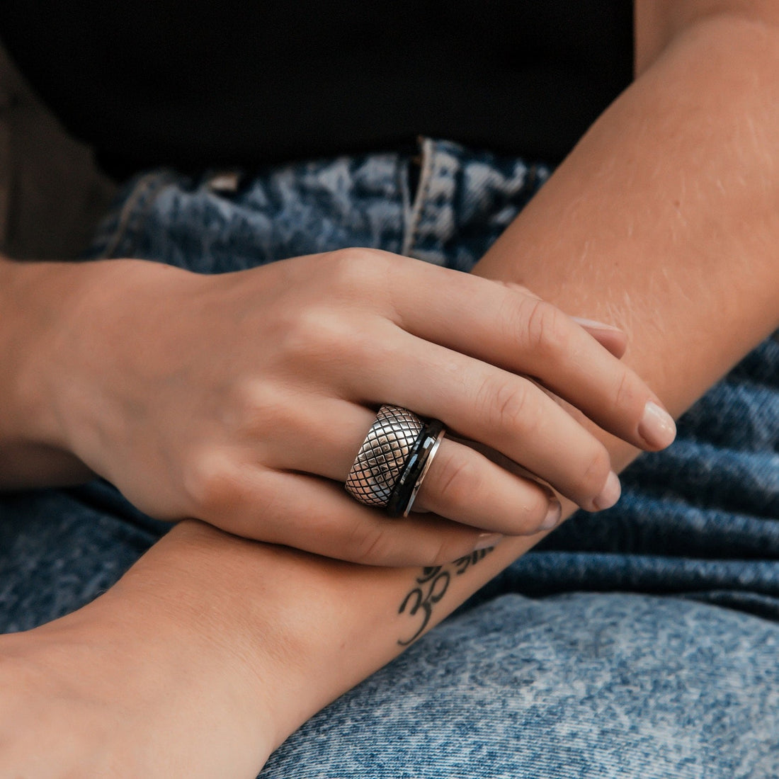 Black Ceramic 925 Sterling Silver Large Spinner Ring Bohemian ring