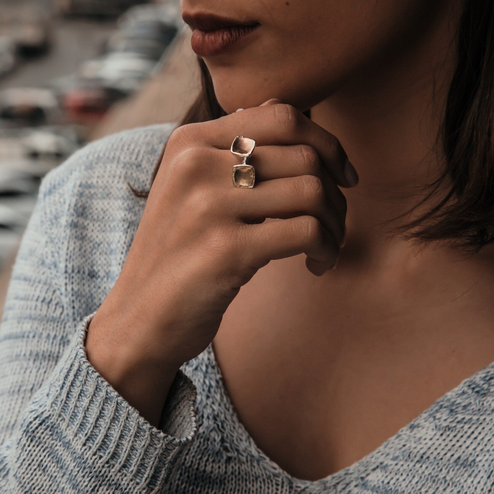 Mixed metal statment Ring Two Tone Solid 9k Yellow and Rose Gold and 925 Sterling Silver