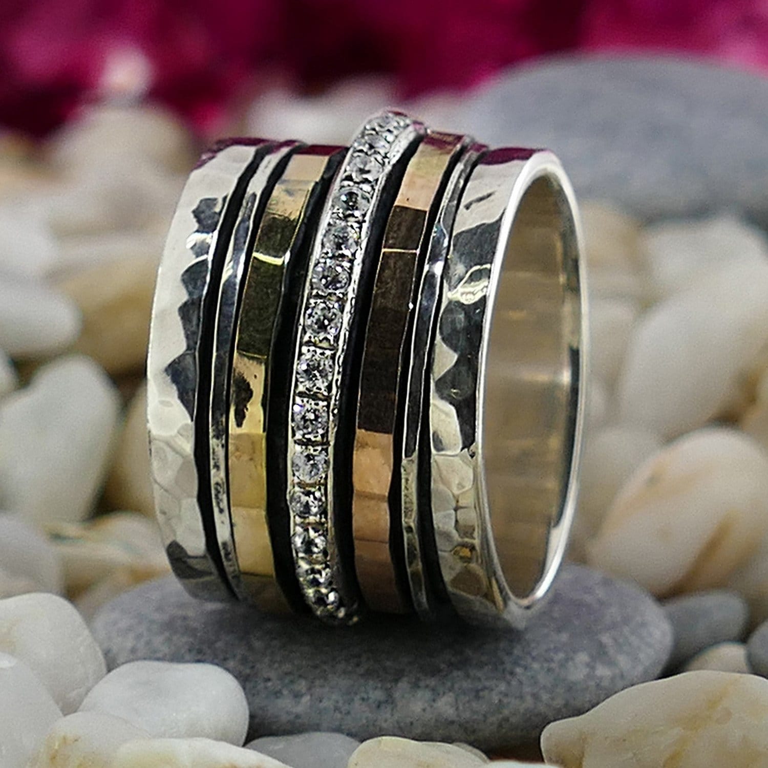 White Cubic Zirconia Stone Two Tone Solid 9k Yellow &amp; Rose Gold 925 Sterling Silver Spinner Ring Metal Purity: 9k Main Stone: Cubic Zirconia Total Carat Weight (TCW): 3.2 Spinner rings quantity: 5 Thickness mm: 2 Width mm: 15 Weight gr.: 11