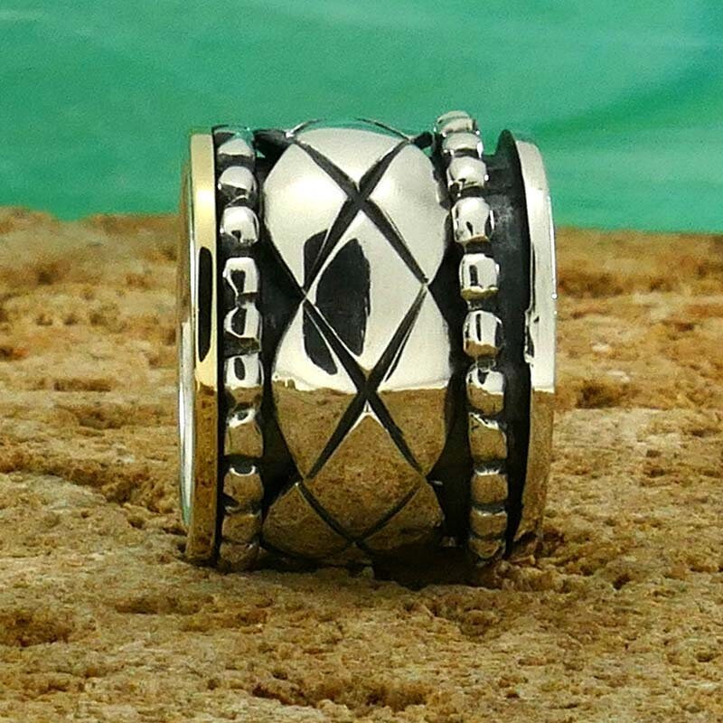 Wide Spinner Ring Two Tone Solid 9 karat Yellow Gold And 925 Sterling Silver