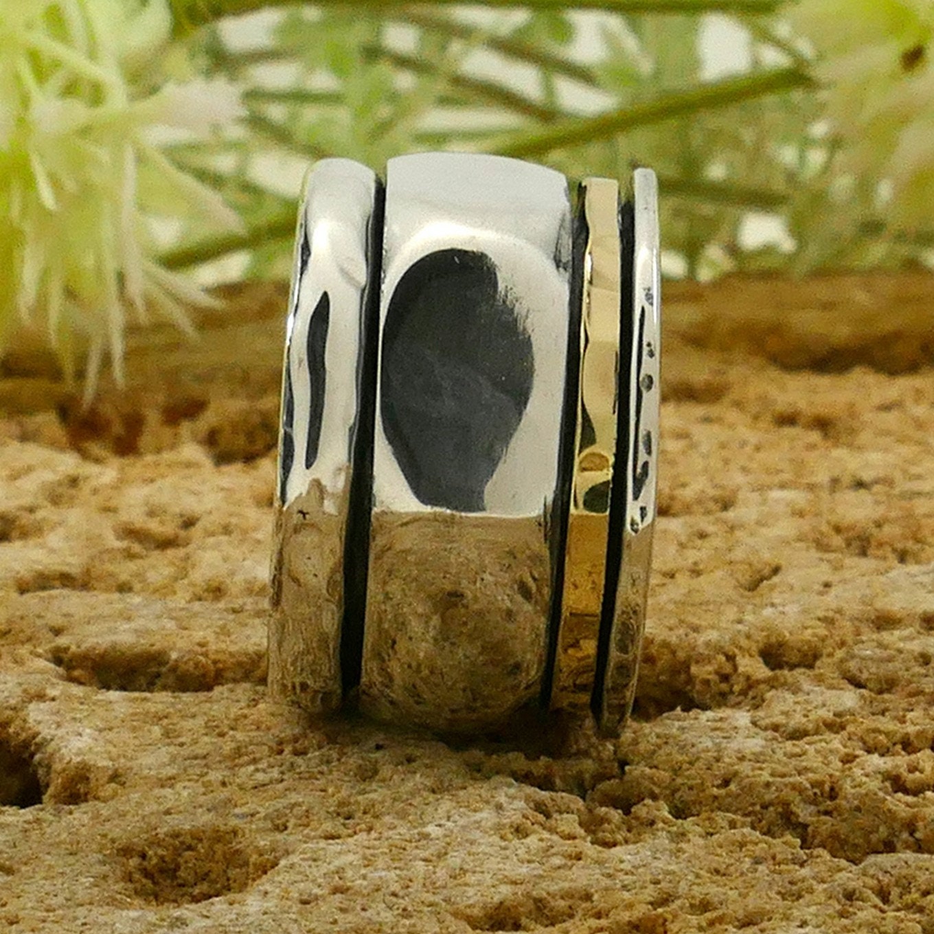 SPIRA Handcrafted Contemporary Design Two Tone Solid 9k Yellow Gold&amp;925 Sterling Silver Spinner Ring,Unisex ring,Oxidized Silver Fidget ring