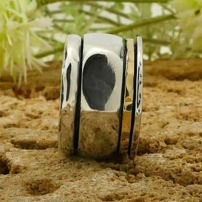 SPIRA Handcrafted Contemporary Design Two Tone Solid 9k Yellow Gold&amp;925 Sterling Silver Spinner Ring,Unisex ring,Oxidized Silver Fidget ring