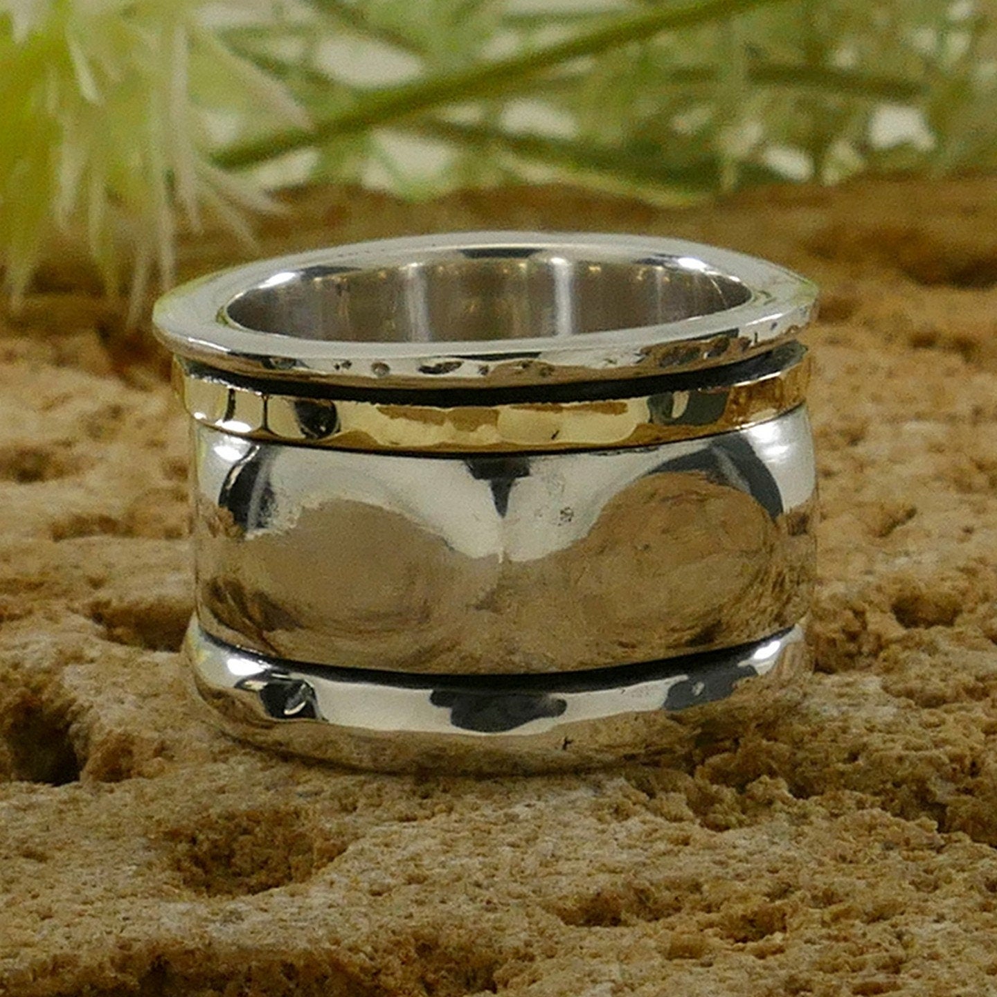 SPIRA Handcrafted Contemporary Design Two Tone Solid 9k Yellow Gold&amp;925 Sterling Silver Spinner Ring,Unisex ring,Oxidized Silver Fidget ring