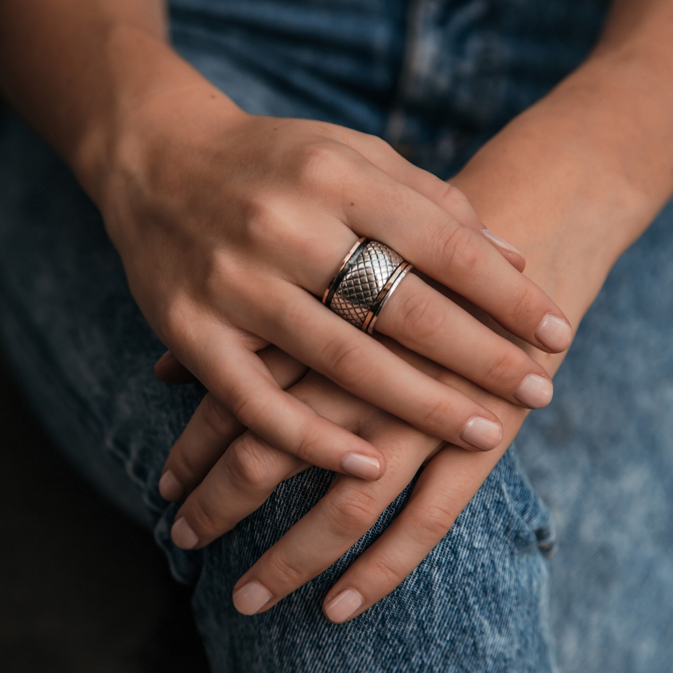 Handmade Large Two Tone Spinner Ring Solid 9 Karat Yellow and Rose Gold And 925 Sterling Silver