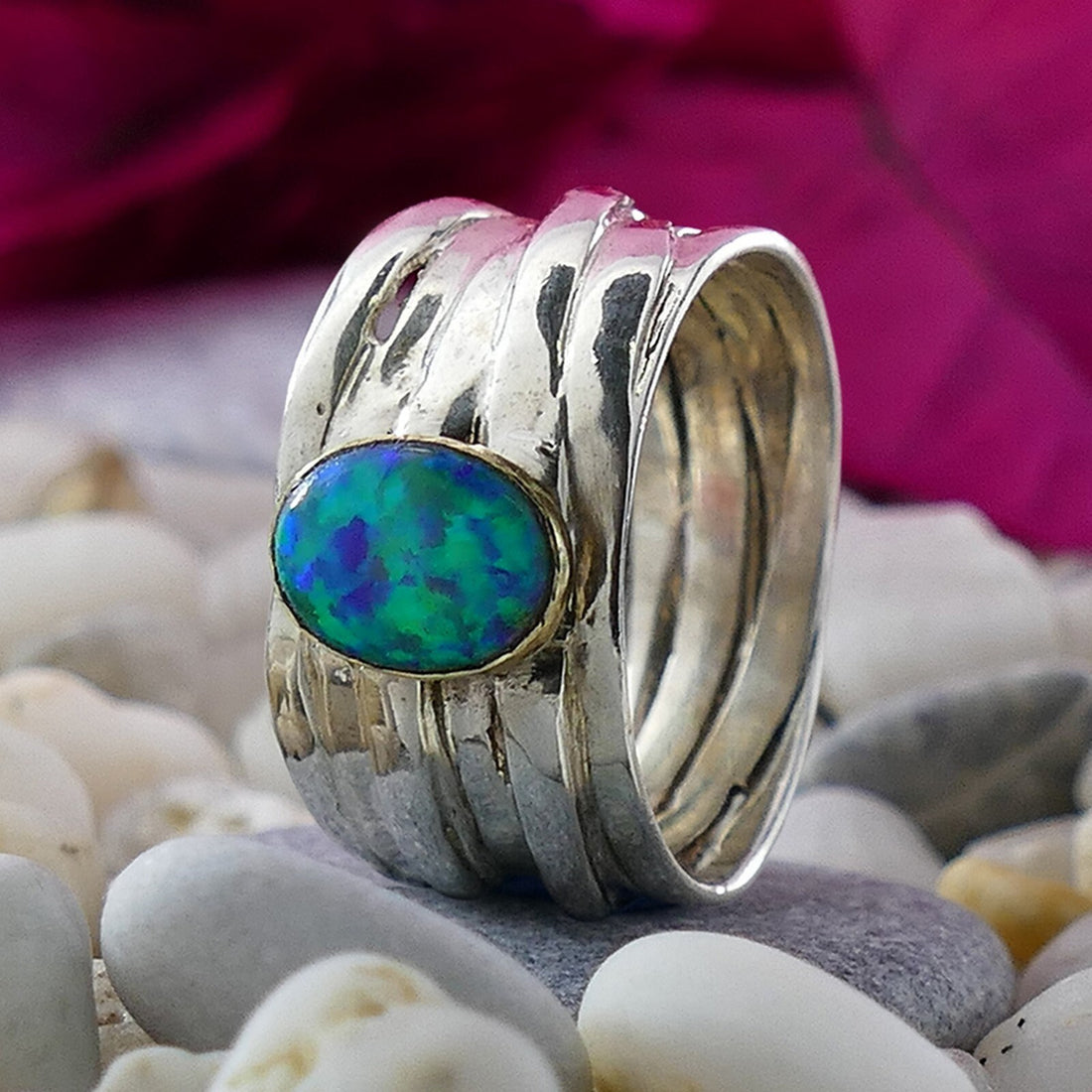 Unique Blue Opal Ring - Mixed Metal Wrap Ring in 9k Gold & Silver, Two Tone Solid 9k Yellow Gold & 925 Sterling Silver Wrap Ring